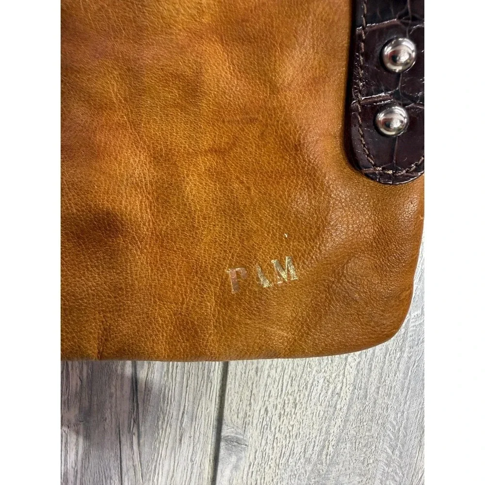 Lavorazione Artigianale Italy Tan Leather Foldover Crossbody Bag Croc Trim PAM